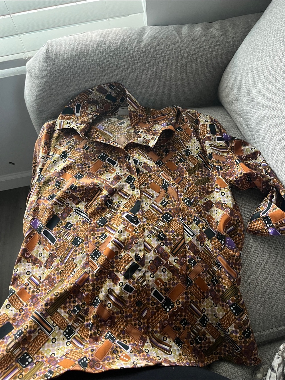 Vintage Multicolor Geometric Print Blouse - Brown, Black, Purple